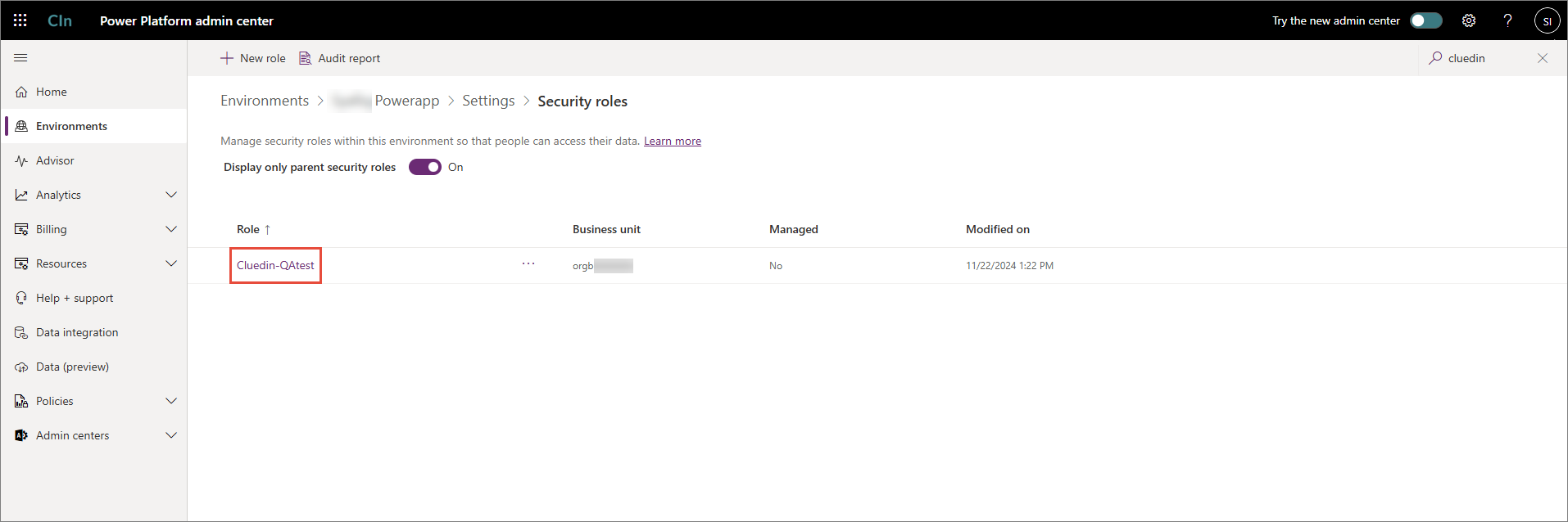 Security roles list filtered to the newly created role, with the role name highlighted