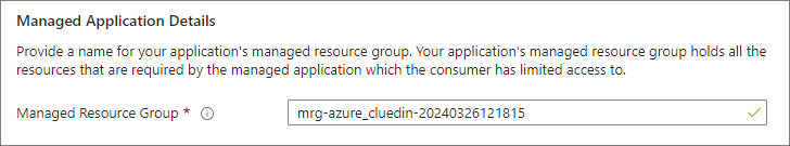 Managed Application Details section with a prefilled Managed Resource Group name