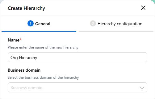 Create Hierarchy dialog on the General step, with Name set to Org Hierarchy and Business domain left empty