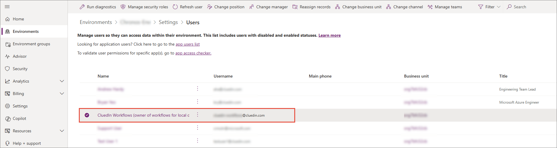 Users list of the environment in Power Platform admin center with the newly added workflow user highlighted